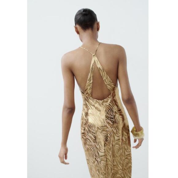 Zara Tiger Print Metallic Gold Midi Dress with Open Back Halter Top Size Small - Picture 5 of 11